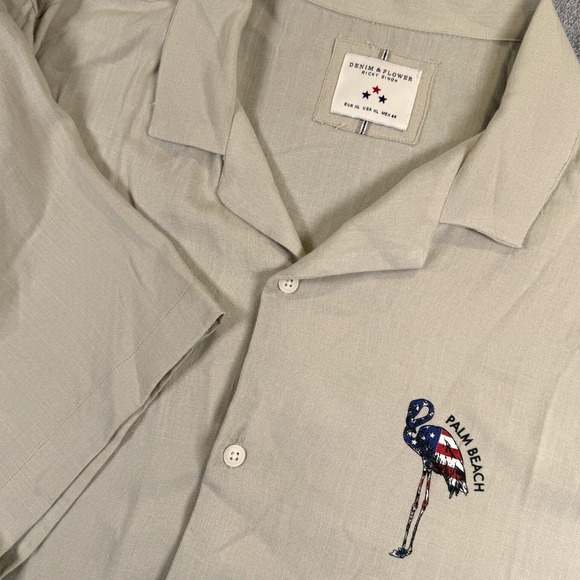 Denim & Flower Ricky Singh Palm Beach Flamingo Hawaii Shirt XL Beige Viscose USA - Picture 1 of 11